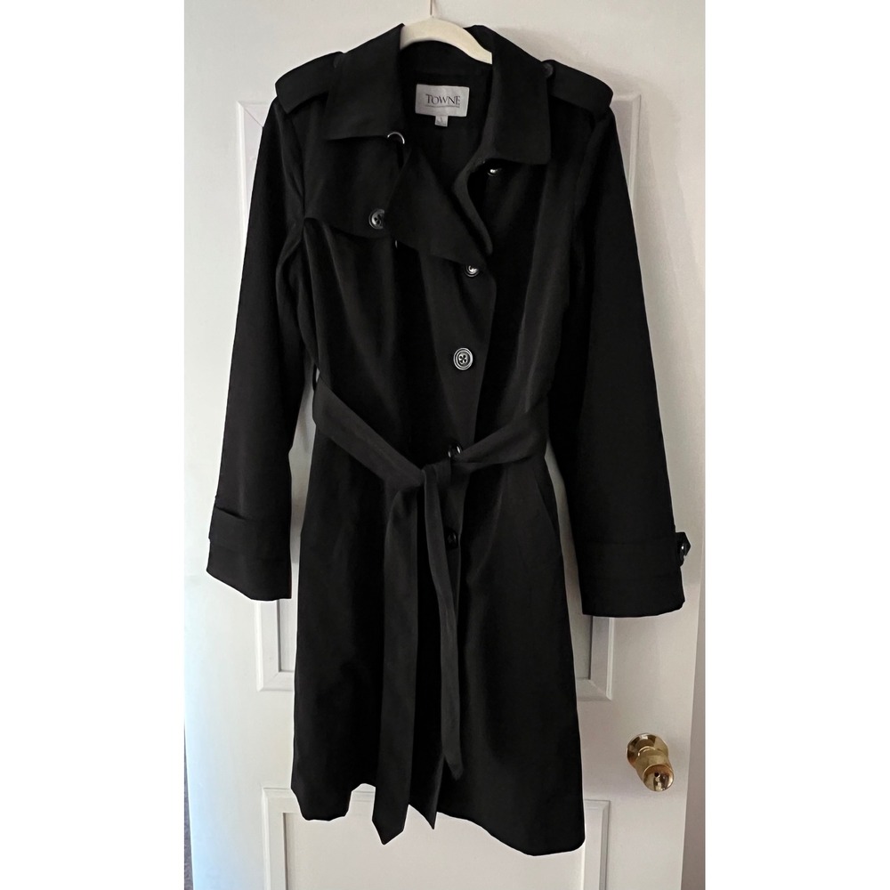 Towne by London Fog Black Trench Coat Double Breasted Belted Jacket Womens Large